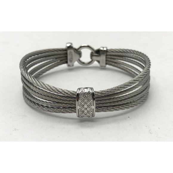 Alor Charriol 18k White Gold Diamond Stainless Steel Twisted Bracelet 6.5" - Picture 1 of 5